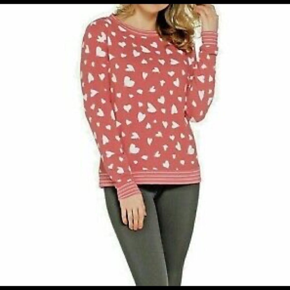 AnyBody Crewneck Printed Hacci Ribbed Trim Pull-over Sweatshirt ROSE/HEART Top